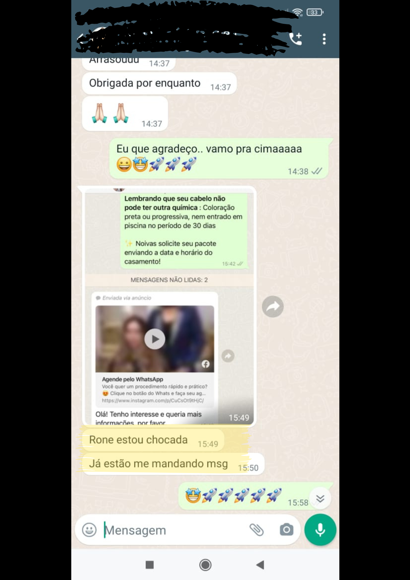 Conversa real no WhatsApp com Cliente Dream Story: Rone, estou chocada. Já estão me mandando msg.